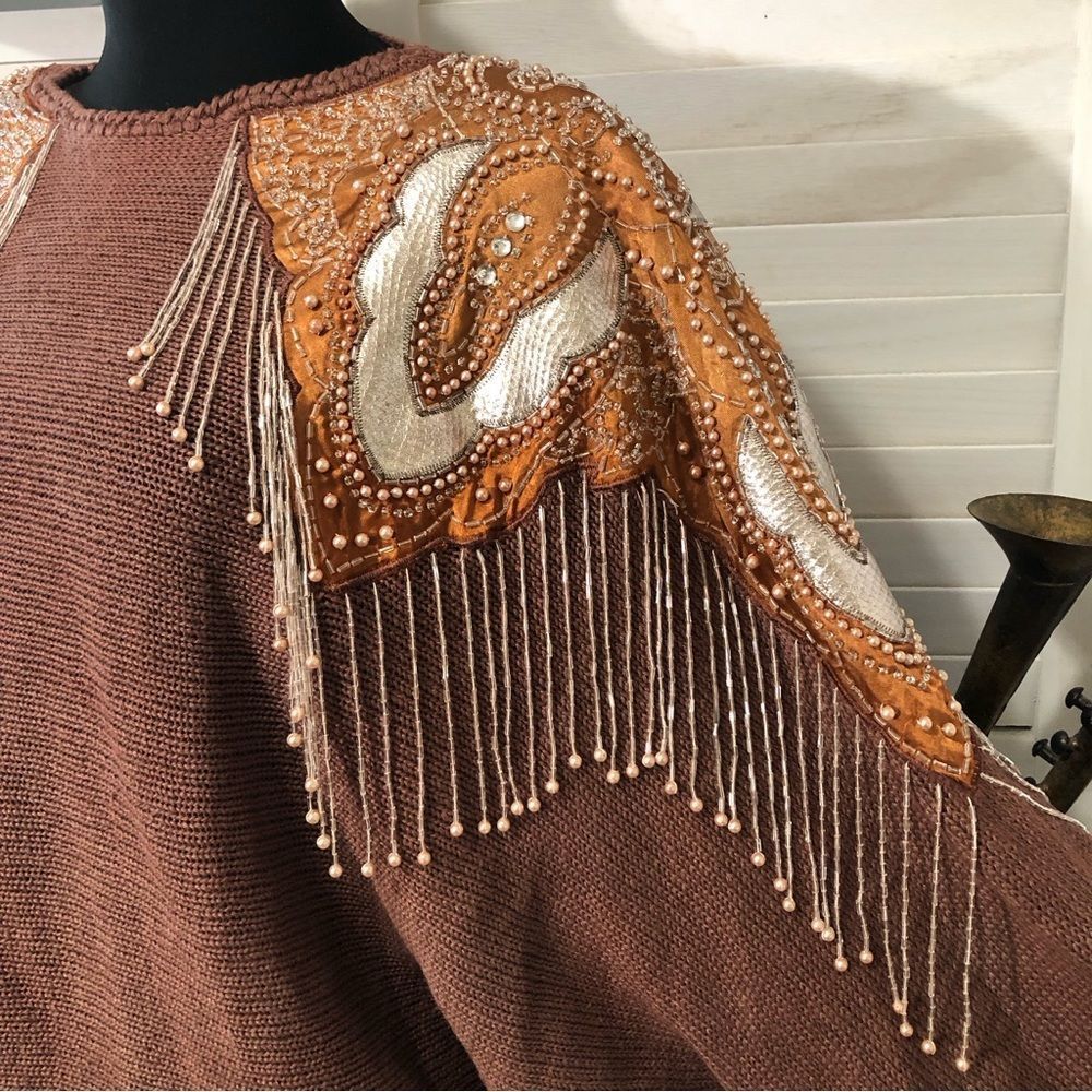 Vintage 80s 90s dolman sleeves beaded chocolate brown cotton tunic sweater sz L - Picture 5 of 9